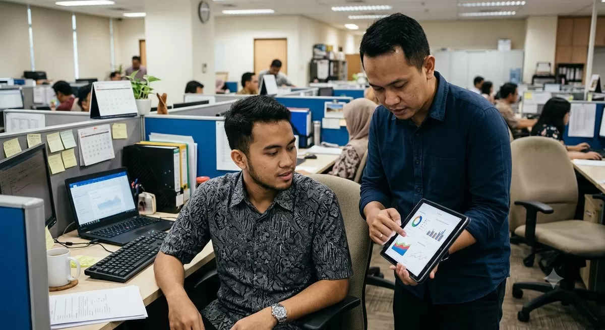 Sebagai anak baru, lakukan tindakan yang tepat keyika melihat cikal bakal korupsi di kantor. (Pejuangkantoran.com/Made with Google AI)