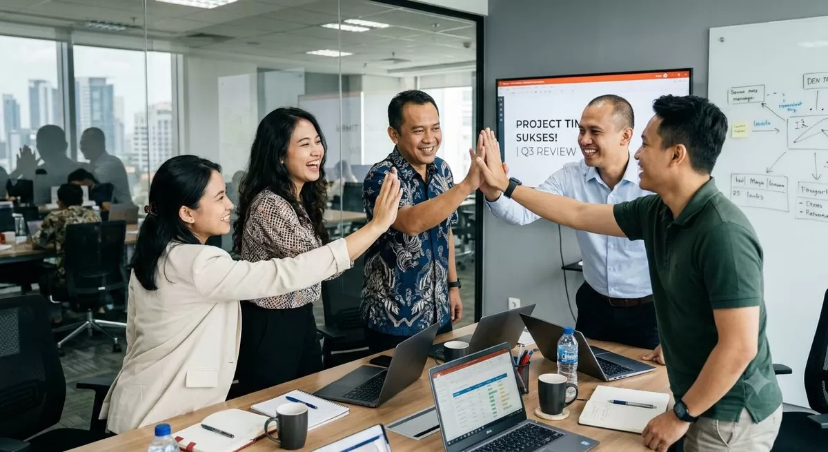 Membudayakan kolaborasi dalam tim bisa mencegah munculnya crab mentality. (Pejuangkantoran.com/Made with Google AI)