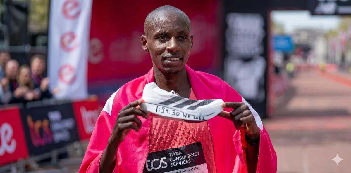Sebastian Sawe, atlet yang disponsori Adidas ini memecahkan rekor marathon dunia dengan catatan waktu 1:59:30, menggunakan sepatu konsep Adidas Adios Pro Evo 3. Teknologi dan olahraga berjalan beriringan, dan kita pun bisa menikmatinya.  (Instagram Sebastian Sawe/Google Gemini)