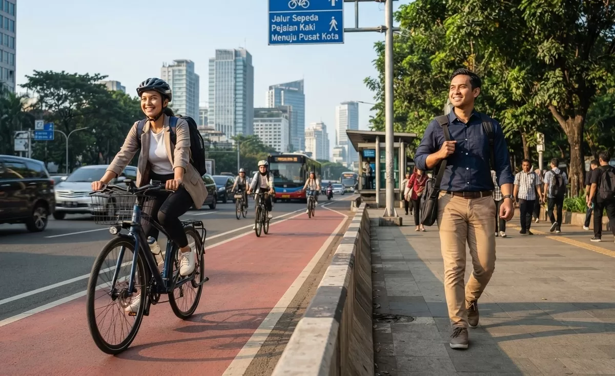 Bagi pekerja urban, kemacetan jalan raya adalah menu harian yang menguras energi dan waktu. Di tengah padatnya rutinitas, mengganti kendaraan pribadi atau transportasi umum dengan active commuting&mdash;seperti bersepeda atau jalan kaki menuju kantor&mdash;menjadi solusi. (Pejuang Kantoran/Google Gemini)