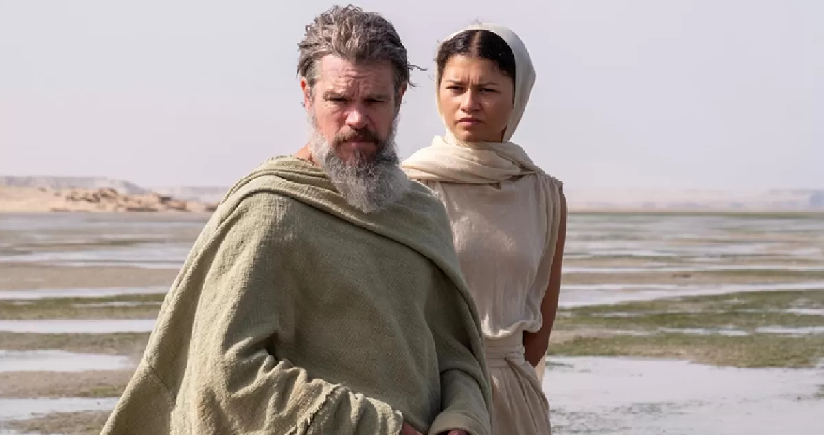 Matt Damon (Odysseus) dan Zendaya (Athena) dalam film The Odyssey. (IMDb)