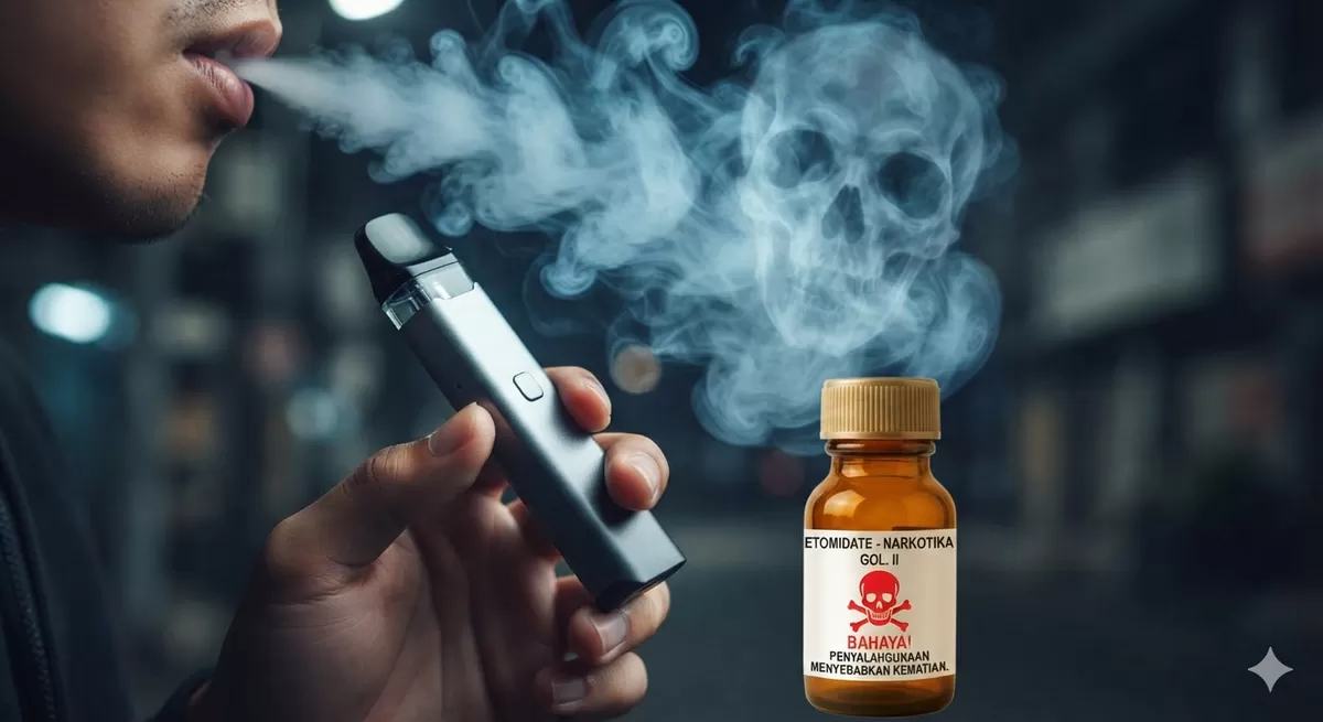 Di luar kendali medis, Etomidate disalahgunakan secara ilegal. Zat berbentuk serbuk ini dilarutkan dan dicampur ke dalam cairan vape (liquid atau pod) untuk memberikan efek &ldquo;fly&rdquo;, ketenangan sesaat, hingga hilangnya kesadaran secara instan layaknya "zombie". (Pejuang Kantoran/Google Gemini)