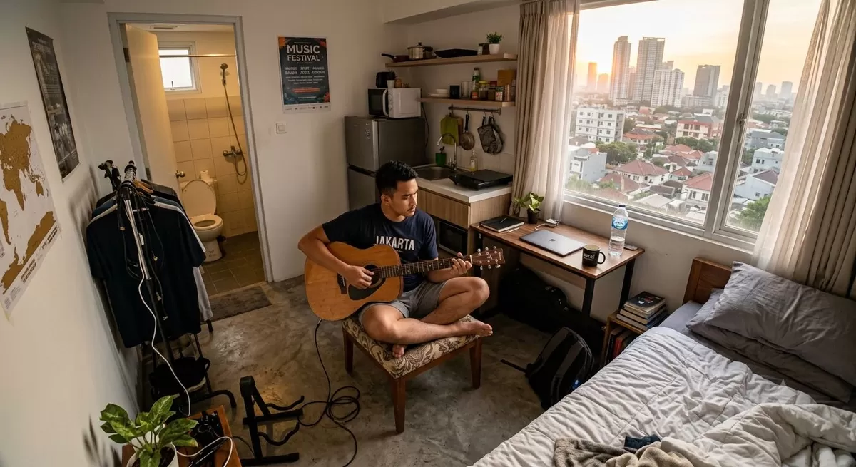 Bagi genZ dan Millenial bujangan yang sering WFH, apartemen tipe studio atau 1 kamar yang sebaiknya dipilih? (Pejuangkantoran.com/Made with Google AI)
