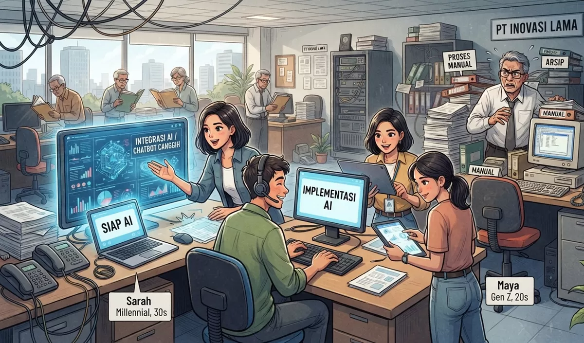 Laporan Deloitte Global 2026 Gen Z and Millennial Survey menyebutkan Gen Z dan Millenial sudah melek akan kecerdasan buatan (AI). Tetapi sayangnya masih banyak perusahaan yang belum siap. Padahal AI tidak lagi dianggap sebagai sekadar alat bantu produktivitas, melainkan telah berevolusi menjadi sebu (Pejuang Kantoran/Google Gemini)