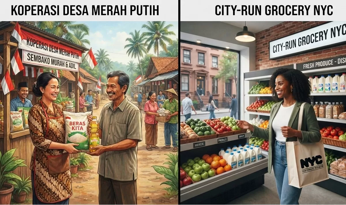 Wali Kota New York, Zohran Mamdani bikin heboh dengan meluncurkan Kopdes ala New York. Kita yang jadi berpikir, kira-kira kalo diadu lebih baik mana ya? Kopdes Merah Putih Indonesia atau Kopdes ala New York? Hehe.. (Pejuang Kantoran/Google Gemini)