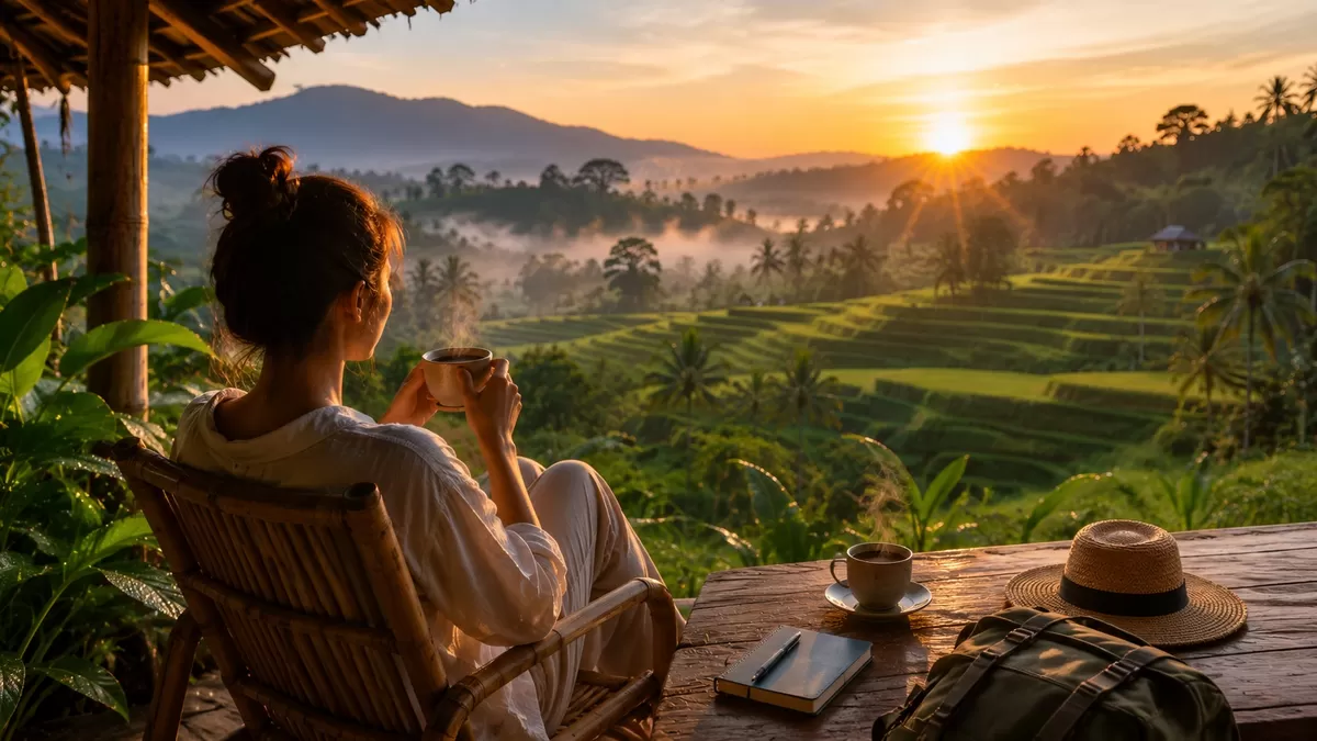 Di tengah budaya hustle culture, liburan sering kali berubah menjadi ajang "balapan" mencentang daftar itinerary yang padat, yang justru memicu travel burnout. Konsep slow travel hadir sebagai solusi untuk menikmati setiap momen perjalanan secara lebih mendalam, meditatif, dan tanpa tekanan. (Made by AI/PejuangKantoran.com)