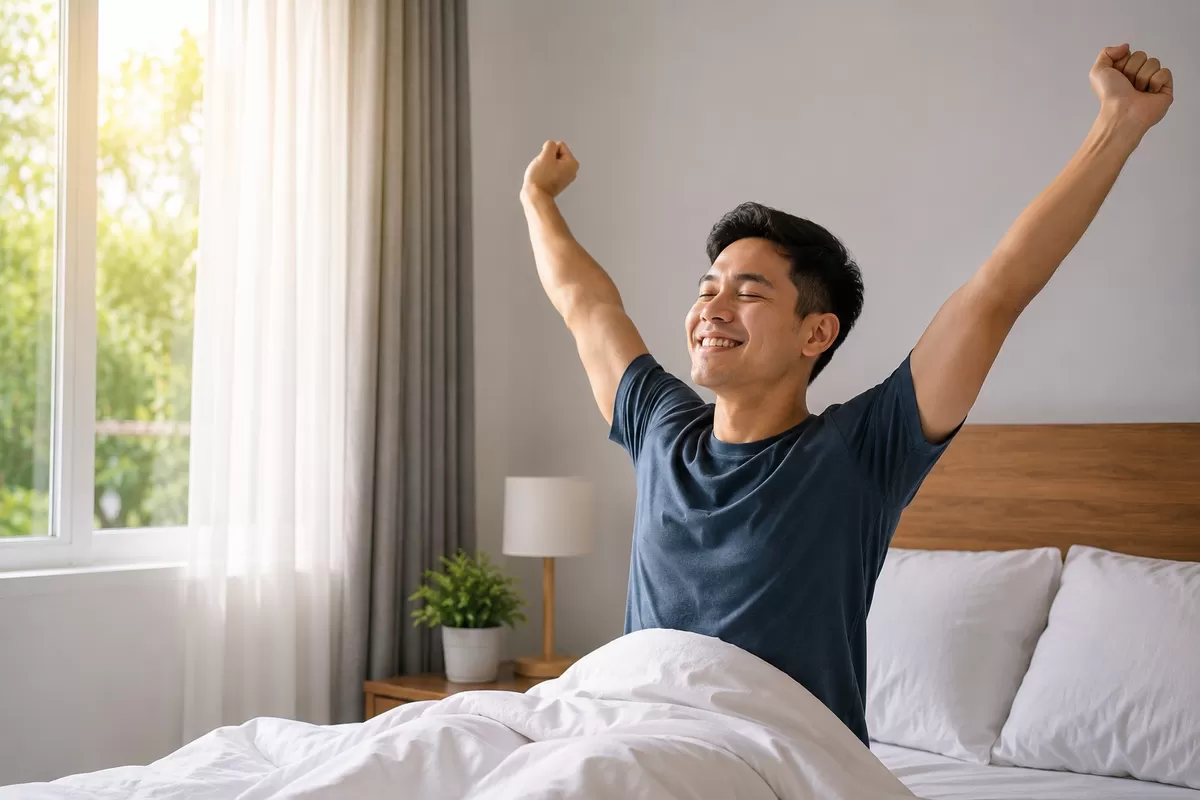 Tubuh tidak menjadi lebih kuat saat berolahraga, melainkan ketika sedang beristirahat. Saat tidur, tubuh memperbaiki jaringan otot yang mengalami kerusakan akibat latihan, memulihkan energi, serta melepaskan hormon pertumbuhan (growth hormone) yang berperan penting dalam proses recovery. (Made by AI/PejuangKantoran.com)