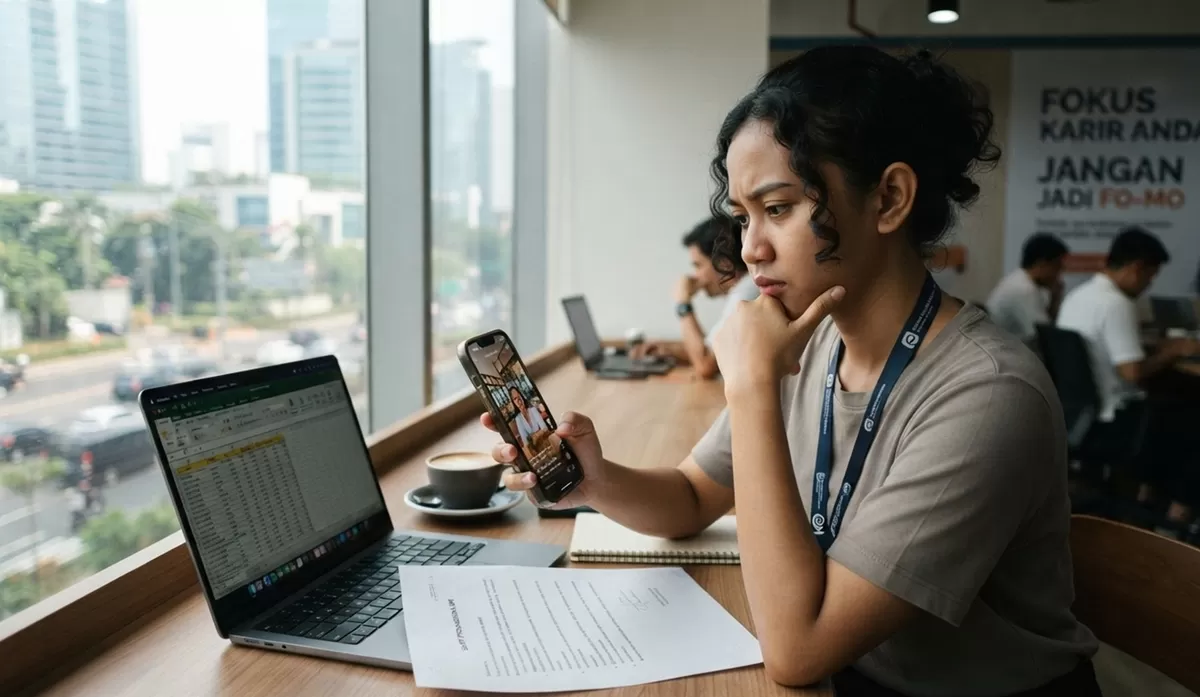 Di era digital seperti sekarang, fenomena FOMO kariersangat mudah menjangkiti para pekerja di kota-kota besar Indonesia. Pekerjaan konten kreator kadang membuat kita punya pikiran impulsif untuk berhenti bekerja dan merubah karir seperti mereka. Padahal banyak hal yang tidak terlihat di depan layar. (Google Gemini/PejuangKantoran.com)