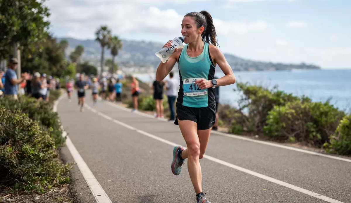 Pelari jarak jauh seperti half marathon atau full marathon, energi dan hidrasi adalah kunci performa. Banyak pelari pemula menganggap bahwa minum air putih yang cukup sudah bisa mencegah kelelahan. Faktanya, hanya mengandalkan air putih saat berlari jarak jauh berbahaya. (Made by Google Gemini/PejuangKantoran.com)