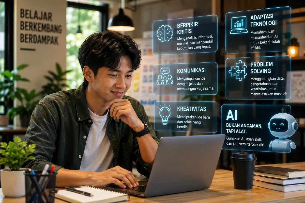 AI memang mengubah dunia kerja, tetapi bukan berarti Gen Z harus takut kehilangan pekerjaan. Justru, kemampuan menggunakan AI sekaligus mempertahankan skill manusia seperti berpikir kritis, empati, komunikasi, dan kreativitas bisa menjadi modal penting untuk tetap relevan di dunia kerja. (ChatGPT/PejuangKantoran.com)