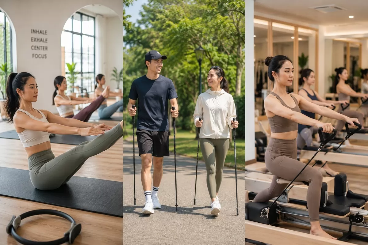 Pilates, Nordic Walking, dan reformer menjadi pilihan olahraga low impact yang semakin menarik belakangan ini. Olaahraga tersebut menawarkan latihan yang lebih ramah terhadap persendian, tetap menantang tubuh, sekaligus mendukung kebugaran dan kesehatan secara menyeluruh.  (ChatGPT/PejuangKantoran.com)