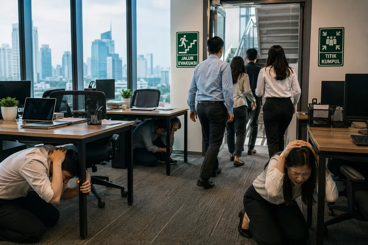 Bekerja di gedung bertingkat membuat pekerja kantoran perlu memahami cara menyelamatkan diri saat terjadi gempa bumi. Karena itu, mengetahui apa yang harus dilakukan sebelum, saat, dan setelah gempa menjadi bagian penting dari keselamatan pekerja kantoran. (ChatGPT/PekerjaKantoran.com)