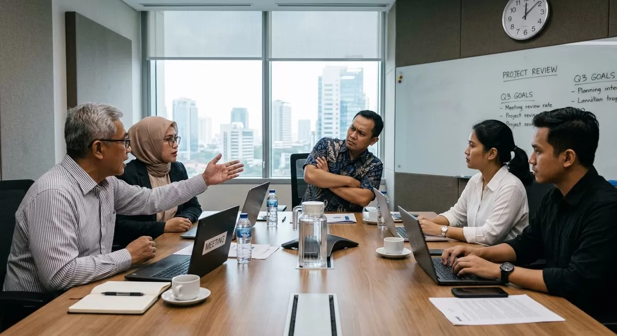 Sikap defensif itu tidak baik bagi organisasi, bahkan membahayakan. Kenali penyebabnya. (Pejuangkantoran.com/Made with Google AI)