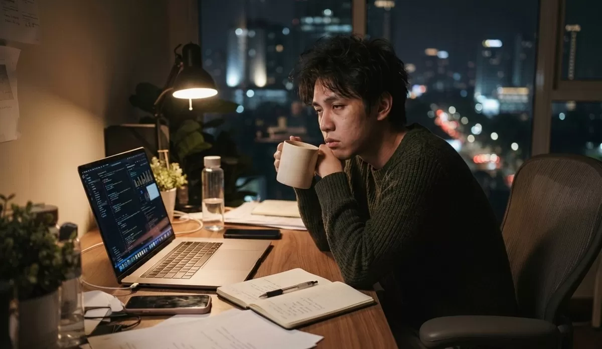 Kehidupan urban di berbagai kota besar yang menuntut produktivitas tinggi tanpa disadari memicu kelelahan mental akut. Stres kini tidak hanya berasal dari tumpukan tugas di kantor. Fenomena burnout di kota besar kini makin diperparah oleh gaya hidup digital yang serba cepat. (Generate by AI/PejuangKantoran.com)