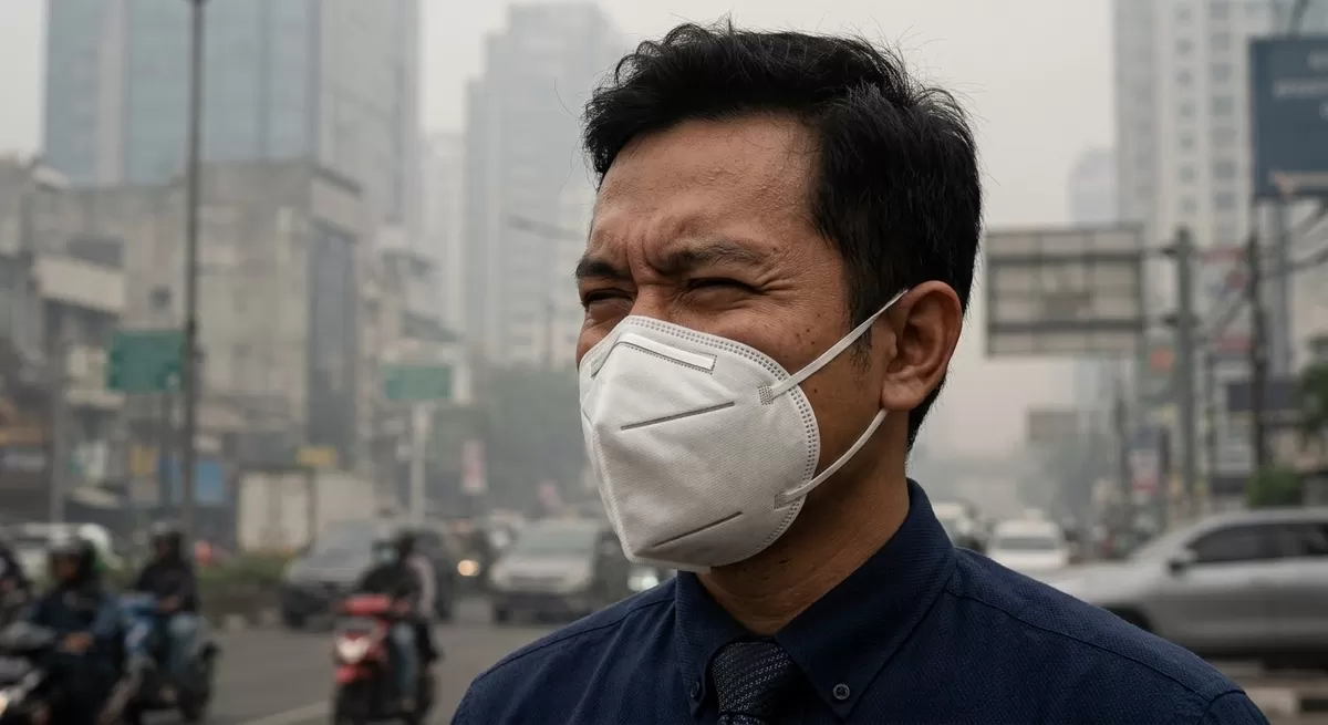Ilustrasi: seorang pria sedang mengenakan masker untuk melindungi kesehatan pernapasannya dari  kabut asap dampak kebakaran hutan. (Pejuangkatoran.com/Made with Google AI)