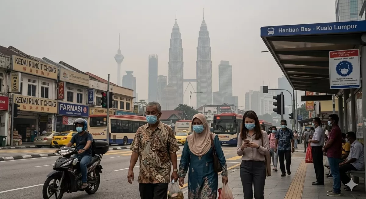 Foto ilustrasi yang memperlihatkan efek kebakaran hutan dan lahan di Kalimantan yang mencapai kota-kota di Malaysia. Apabila tidak segera ditangani dampak buruk akan terjadi pada kedua negara. (Generate by AI/PejuangKantoran.com)