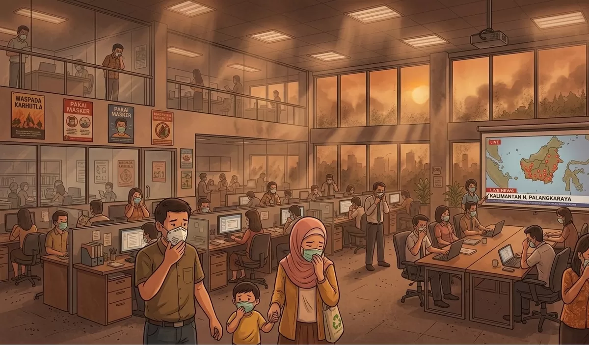 Foto ilustrasi yang memperlihatkan suasana di dalam ruangan ketika polusi udara terjadi akibat KARHUTLA. Sebenarnya apakah aman berada di ruangan saat polusi udara sangat tinggi? (Generate by AI/PejuangKantoran.com)