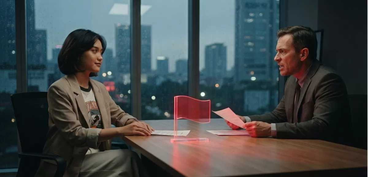 Memahami red flags rekrutmen sangat penting agar Anda terhindar dari jebakan budaya kerja beracun (toxic workplace) yang bisa merusak produktivitas dan kesehatan mental. (Generate by AI/PejuangKantoran.com)