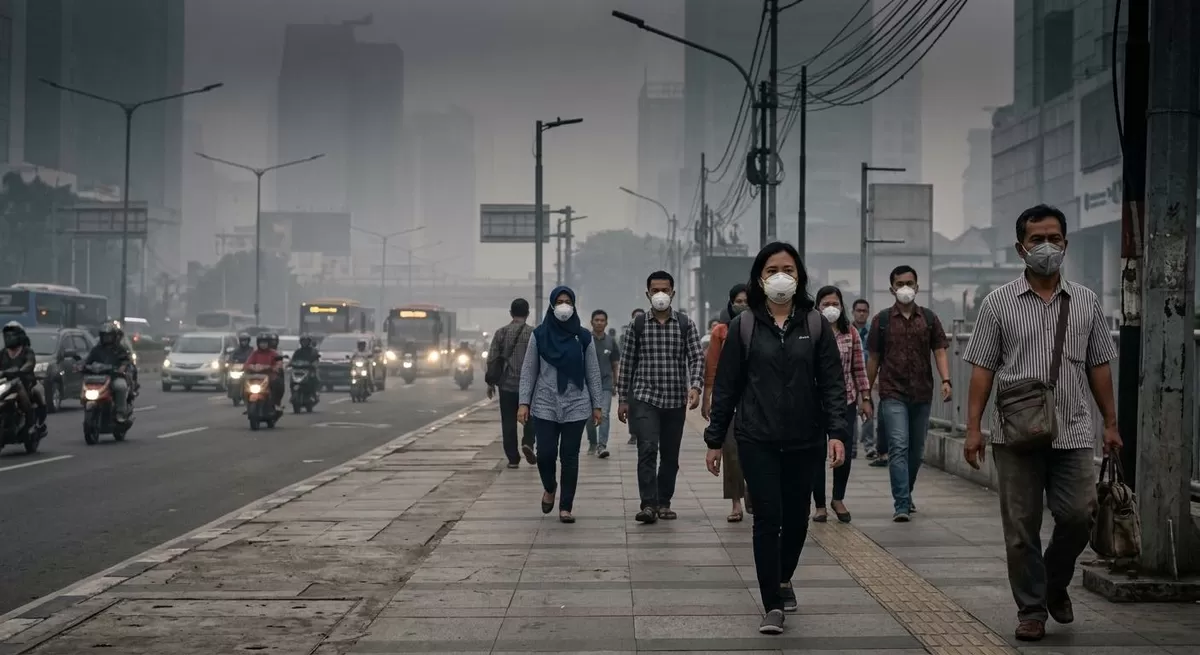 Ilustrasi: Kabut asap yang diakibatkan oleh bencana kebakaran hutan dan lahan jauh lebih berbahaya daripada debu biasa. (Pejuangkantoran.com/Made with Google AI)