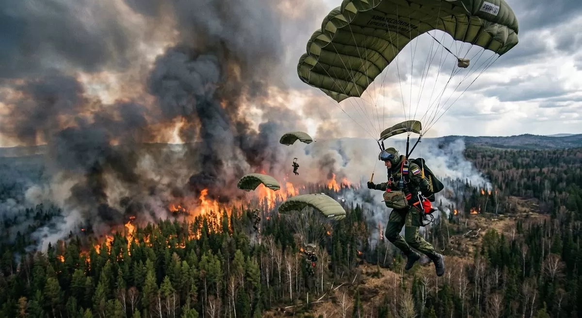 Ilustrasi smokejumpers yang sedang diterjunkan di area paling dekat dengan kebakaran hutan. (Pejuangkantoran.com/Made with Google AI)