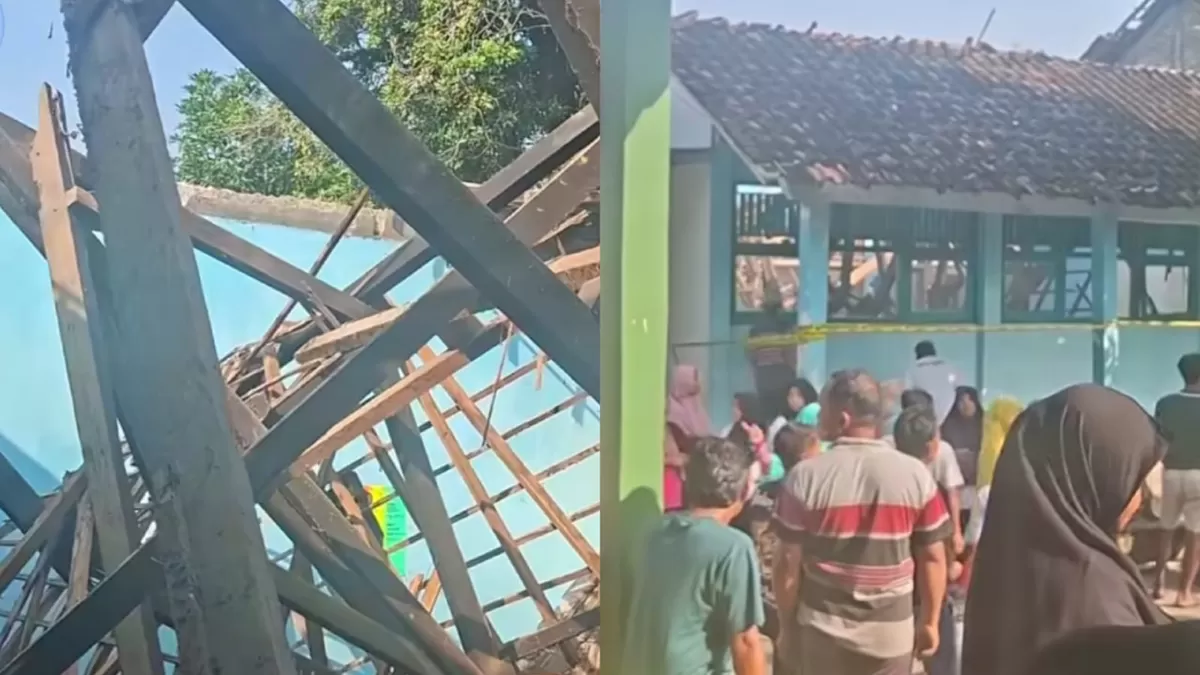 Insiden atap MTs Muhammadiyah 4 Bulu,Sragen ambruk saat sedang KBM. (Instagram/pmikabsragen)