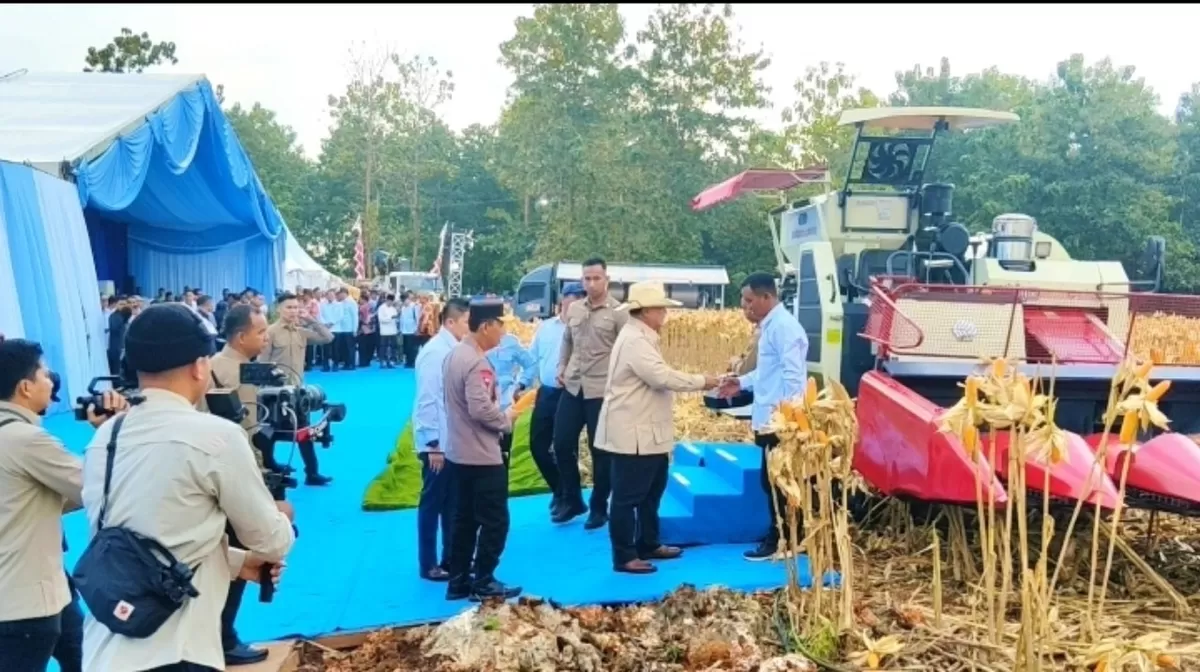   Presiden RI Prabowo Subianto saat Panen Raya Jagung Serentak Kuartal II dan Groundbreaking 10 Gudang Ketahanan Pangan Polri serta Launching Operasional 166 Satuan Pelayanan Pemenuhan Gizi (SPPG) Polri di Tuban, Sabtu (16/5/2026).  (Foto:Dokumen Bakom RI)