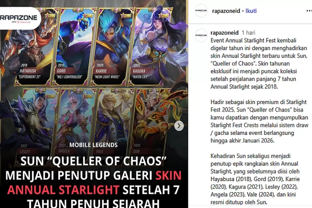 Event Annual Starlight MLBB 2025 dirilis dan simak tips hemat gacha skin Sun "Simian Curse" di Mobile Legends terbaru 2026.