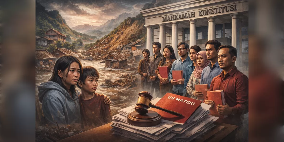 Ilustrasi Korban bencana Sumatera ajukan uji materi UU ke MK (Desain AI )