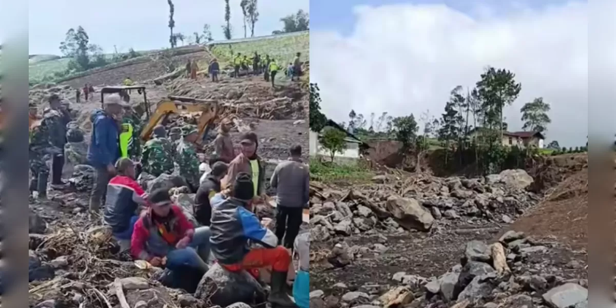 Warga dan aparat bergotong royong membersihkan material banjir di Purbalingga, Jawa Tengah.  (Instagram/purbalingga.hitz)