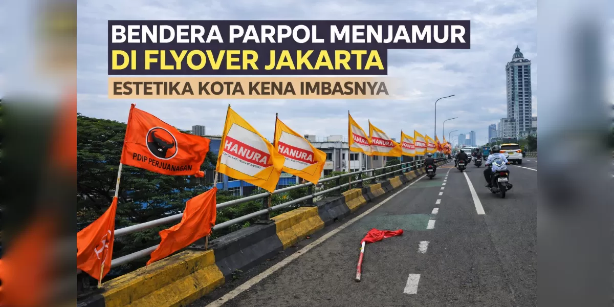 Ilustrasi Bendera parpol marak di flyover Jakarta.  (Desain AI )