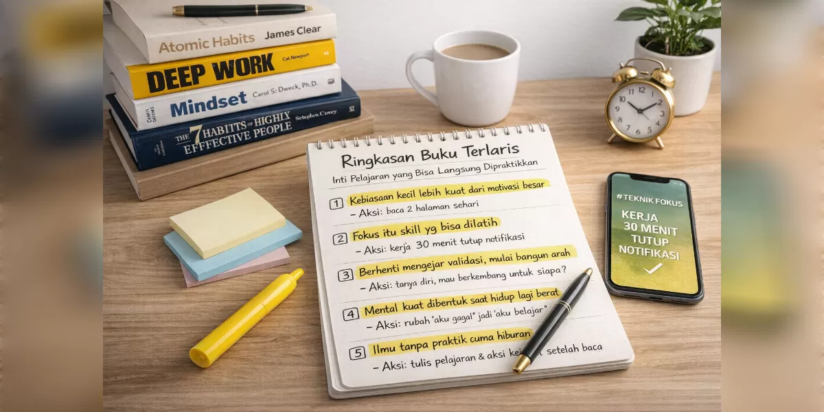 Ilustrasi Ringkasan buku terlaris berisi pelajaran praktis tentang fokus (Desain AI )