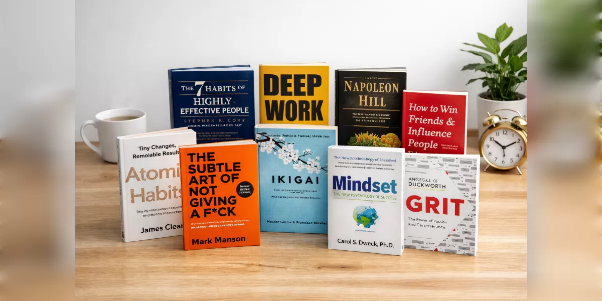 Ilustrasi 10 buku self improvement terbaik untuk ubah hidup (Desain AI )