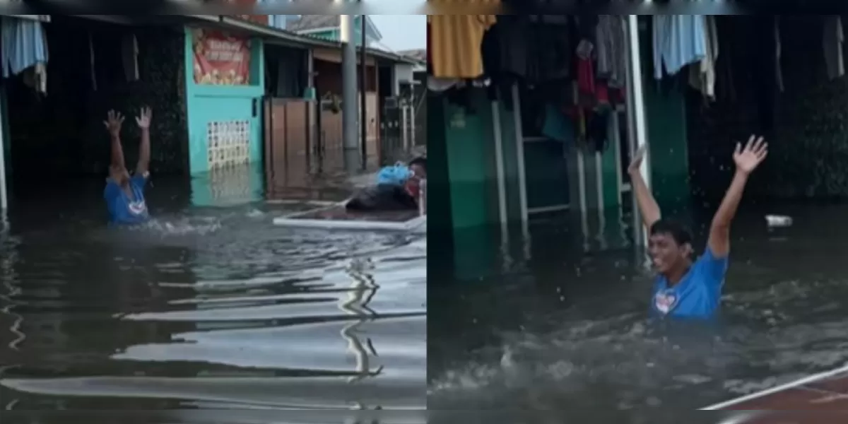 Menyoroti aksi unik bapak-bapak di Bekasi, Jawa Barat saat rumahnya terendam banjir setinggi dada orang dewasa.  (TikTok.com/@desyndahr)