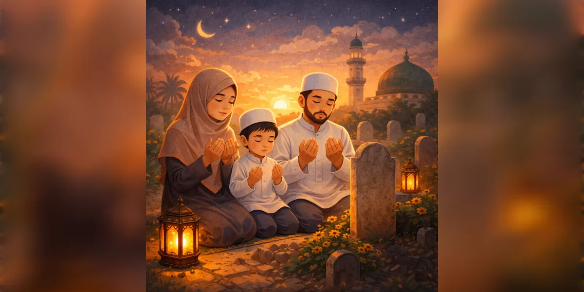 Ilustrasi ziarah kubur jelang Ramadhan (Desain AI )