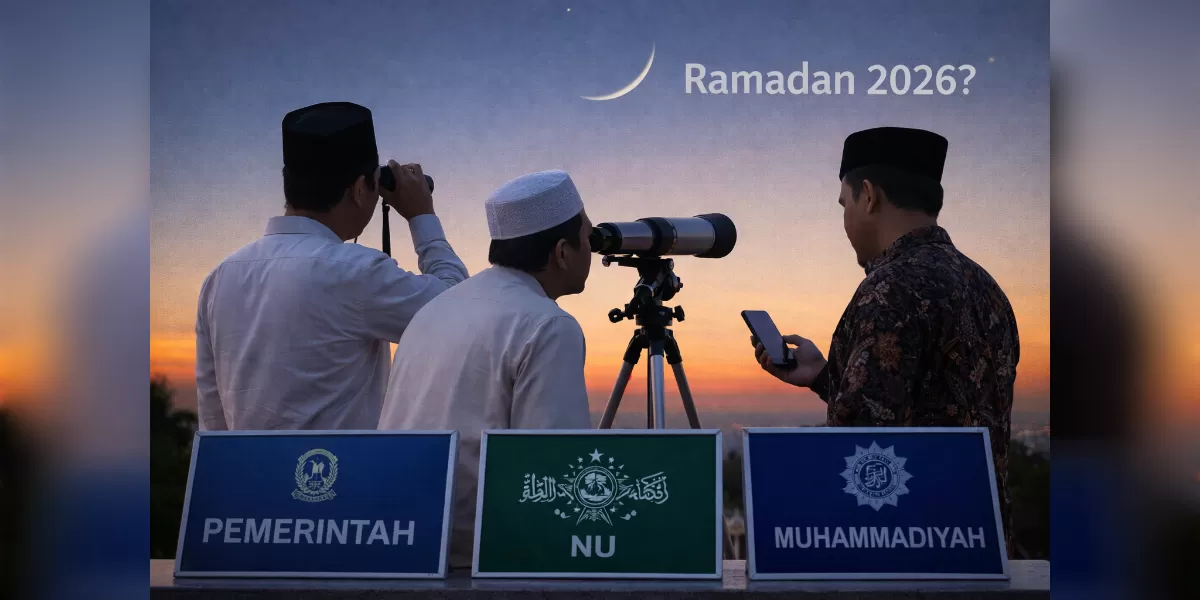 Ilustrasi prediksi awal puasa Ramadan 2026 versi pemerintah, NU, Muhammadiyah, dan BRIN. (Desain AI )