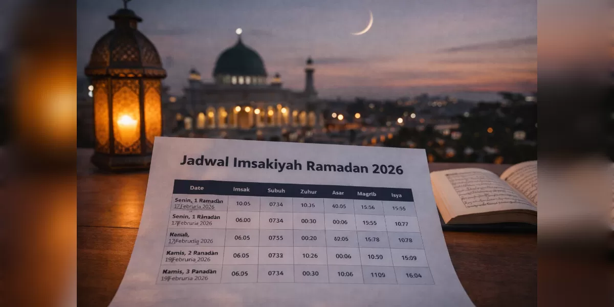 Ilustrasi jadwal buka puasa dan imsakiyah Ramadan 2026 (Desain AI )