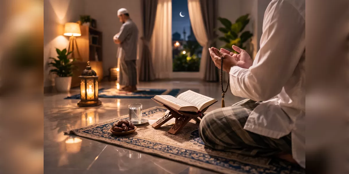 Ilustrasi Panduan niat dan tata cara sholat tarawih dan witir lengkap (Desain AI )