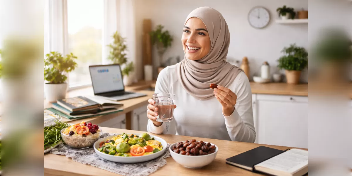 Foto ilustrasi Tips sehat agar tubuh tetap bugar dan fokus selama puasa (Desain AI )
