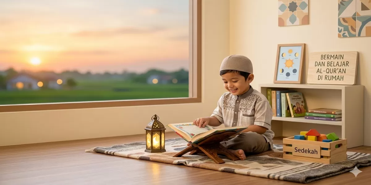 Foto ilustrasi Ide aktivitas Ramadhan untuk anak agar lebih dekat dan cinta Al-Qur&rsquo;an. (Desain AI )