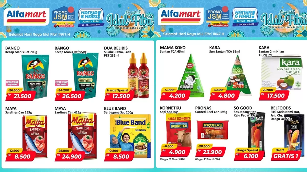 Katalog Promo JSM Alfamart 13&ndash;15 Maret 2026: Diskon Lebaran Harga Mulai Rp4 Ribuan. (Alfamart)