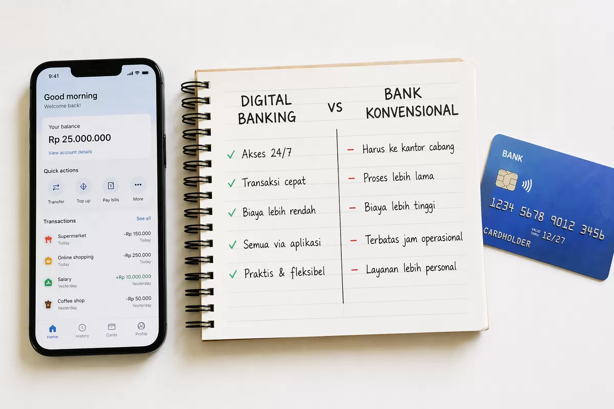 Ilustrasi Perbandingan digital banking dan bank konvensional (Desain AI)