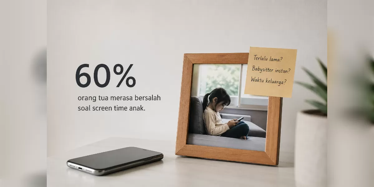 Ilustrasi orang tua merasa bersalah soal screen time anak. (Desain AI)