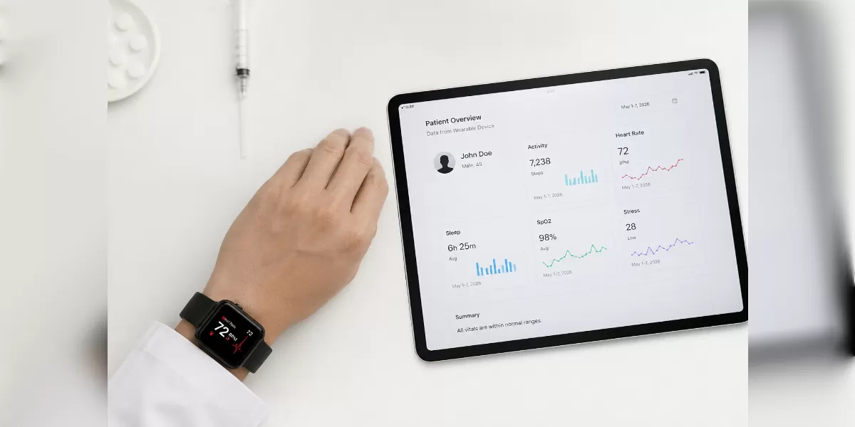 Ilustrasi dokter minta data smartwatch pasien saat konsultasi (Desain AI)