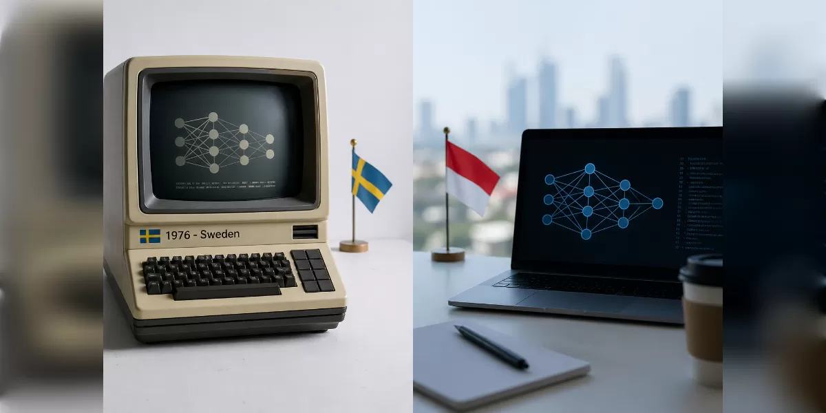 Ilustrasi Deep learning lahir 1976 di Swedia versus di Indonesia  (Desain AI )