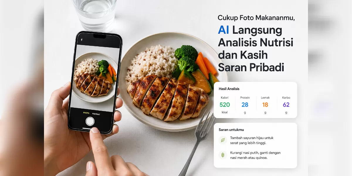 Ilustrasi cukup foto piring makanan, lalu AI langsung menganalisis makronutrien dan memberi saran kesehatan (Desain AI)