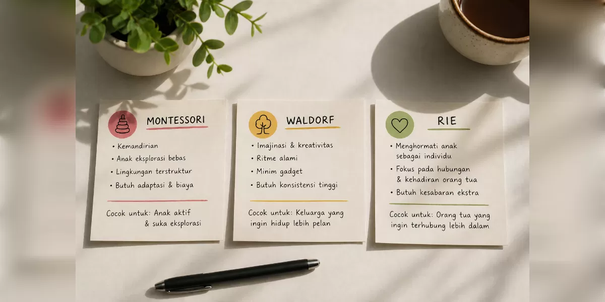 Ilustrasi Bingung pilih Montessori, Waldorf, atau RIE? Ini panduan jujurnya (Desain AI)