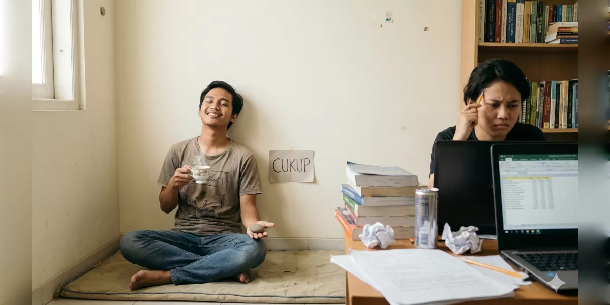 Ilustrasi Gen Z lelah hustle culture dan konsumerisme. (Desain AI )