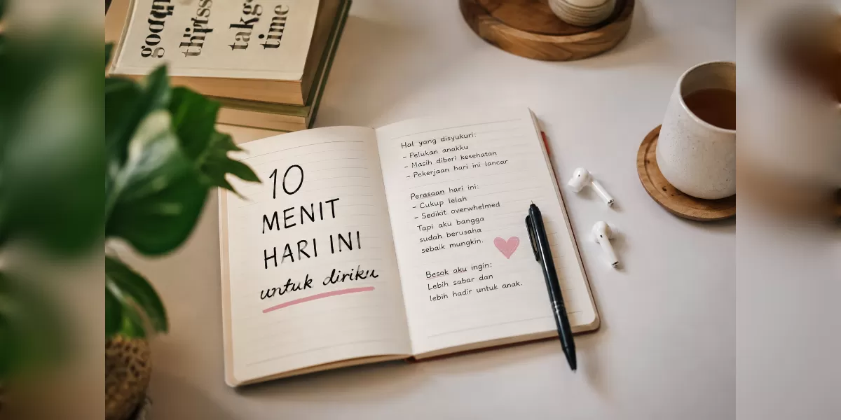 Ilustrasi Journaling 10 menit membantu ibu muda.  (Desain AI)