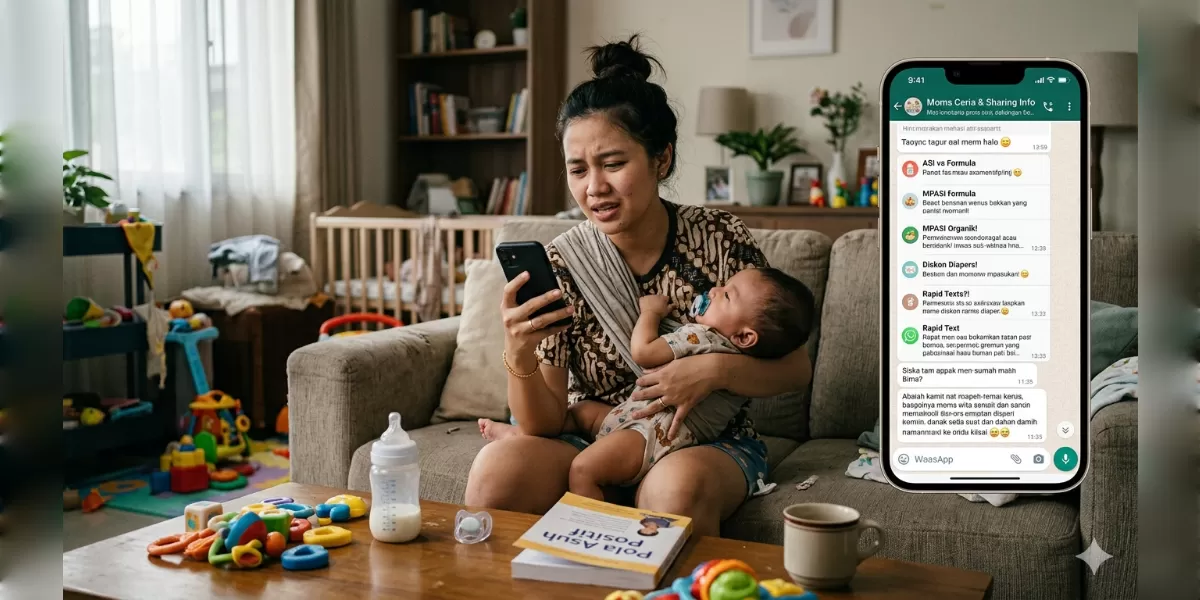 Ilustrasi Grup WA parenting bikin waras atau malah bikin stres? (Desain AI)