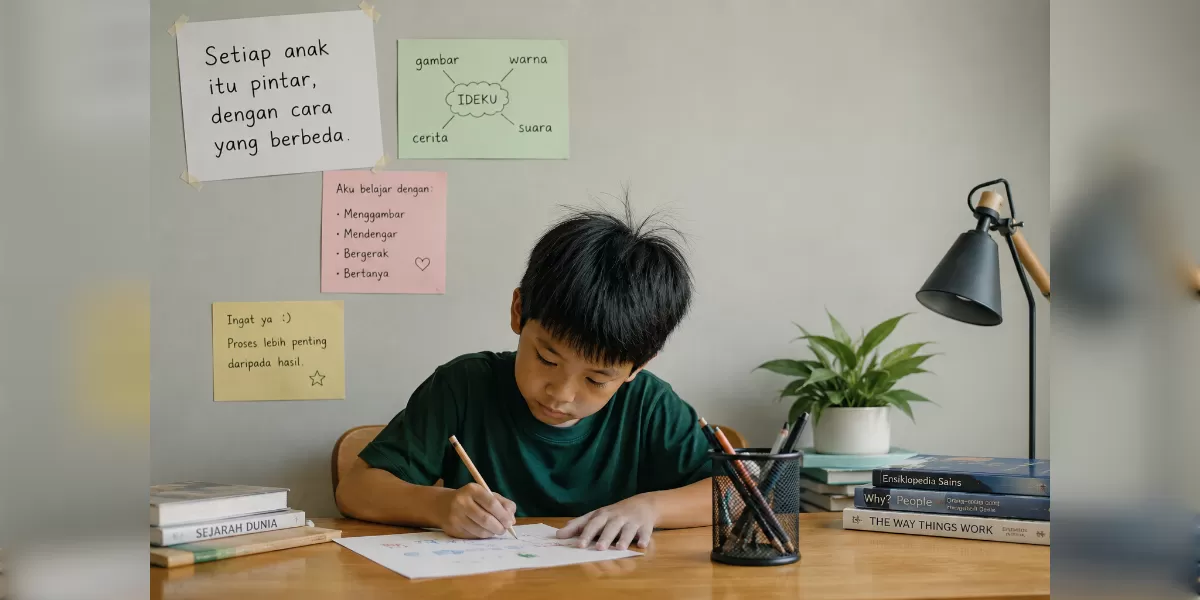 Ilustrasi mengenal cara belajar anak (Desain AI)